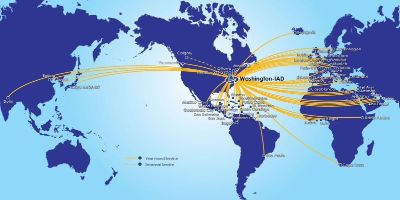 Map of Dulles International airline service in 2024 